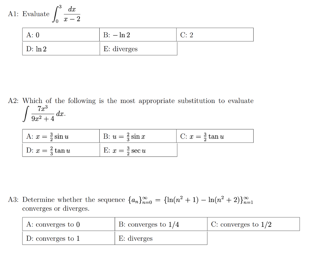 Solved 3 Dic A1 Evaluate Jo X 2 A 0 B In 2 C 2 D Chegg Com