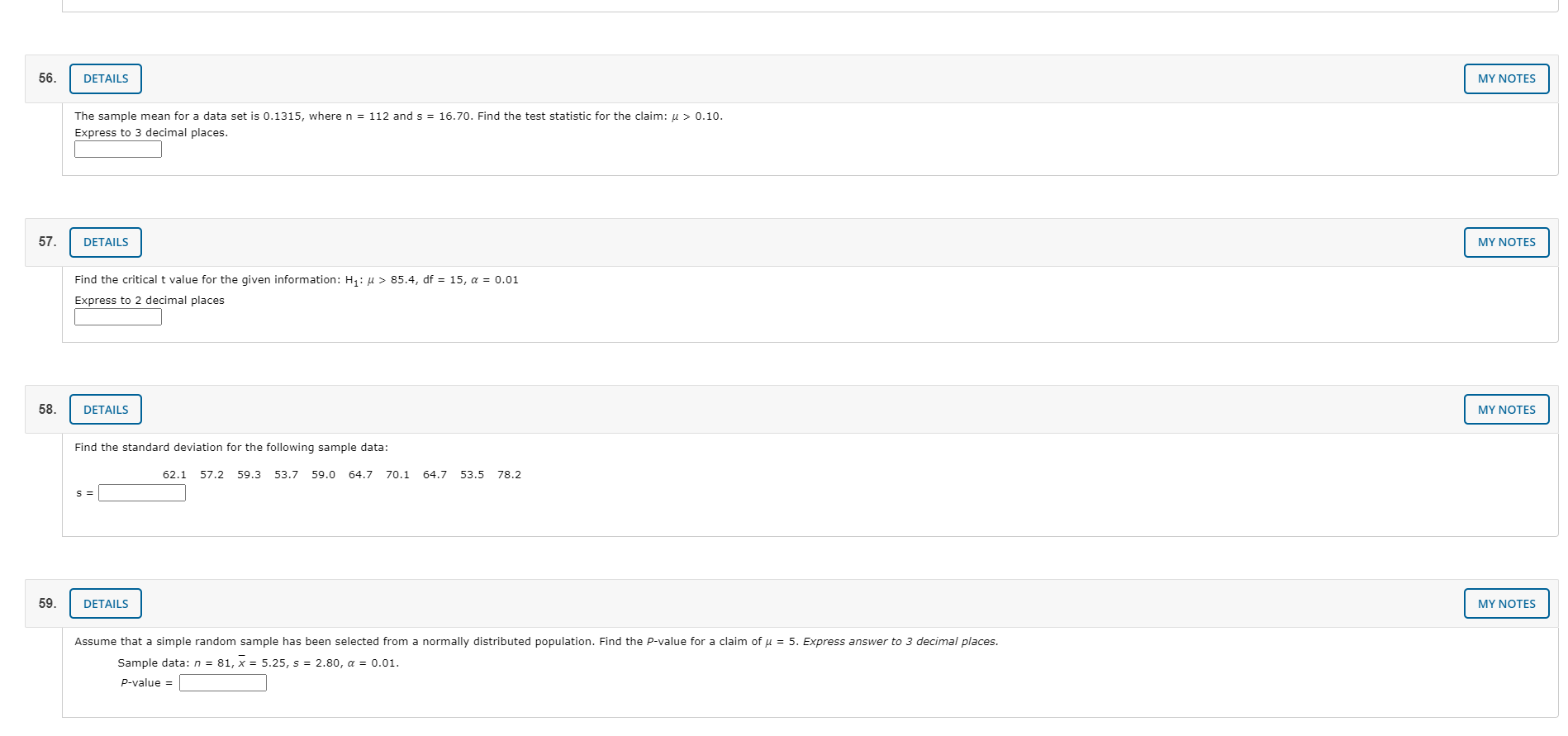 Solved 56. DETAILS MY NOTES The sample mean for a data set | Chegg.com