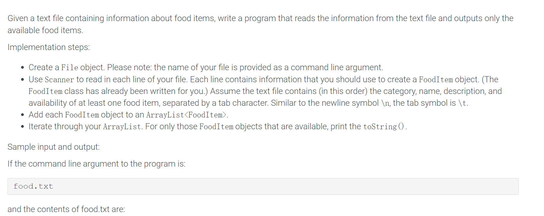 Solved Given a text file containing information about food | Chegg.com