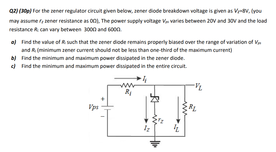 Solved Q2) (30p) For the zener regulator circuit given | Chegg.com