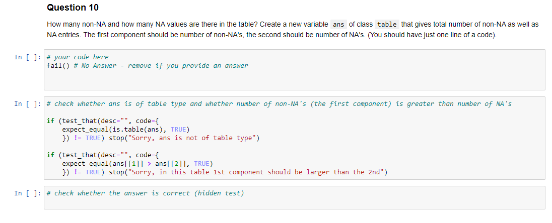 Solved Question 10 How many non-NA and how many NA values | Chegg.com