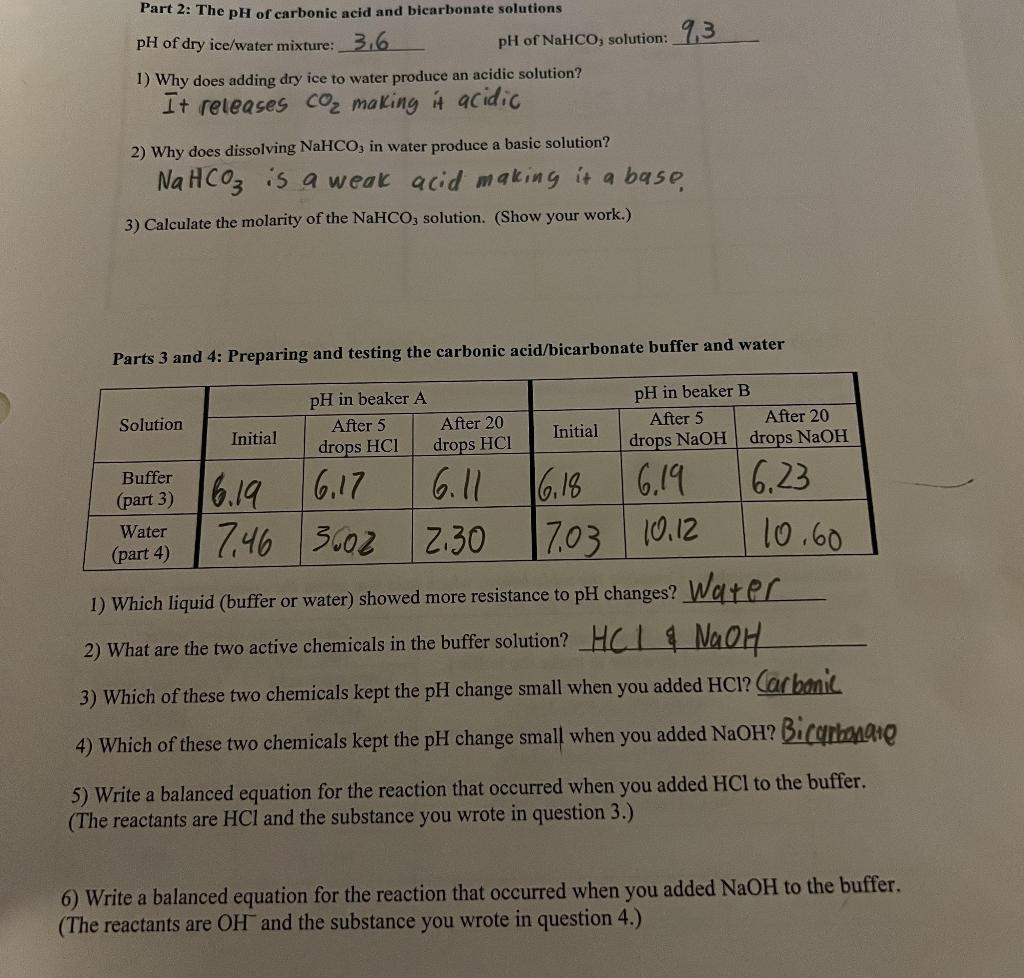 Solved Part 2 The pH of carbonic acid and bicarbonate