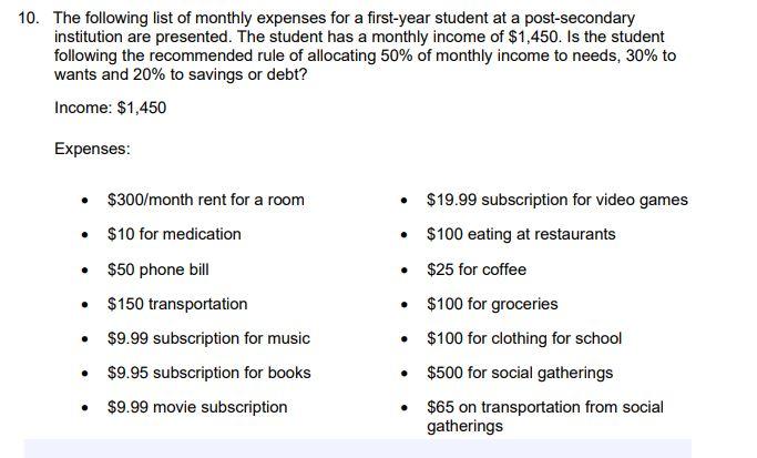 Solved The following list of monthly expenses for a | Chegg.com