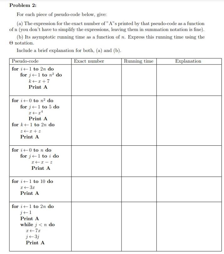 Solved Problem 2: For each piece of pseudo-code below, give: | Chegg.com