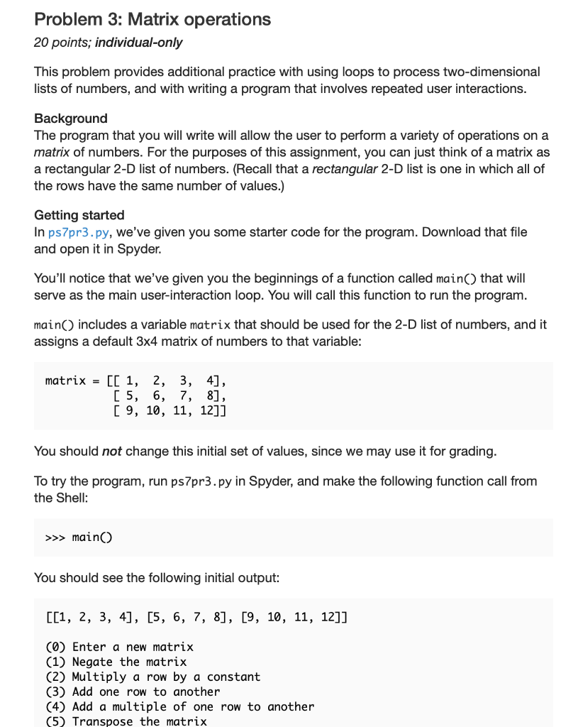Solved Problem 3: Matrix operations 20 points; | Chegg.com