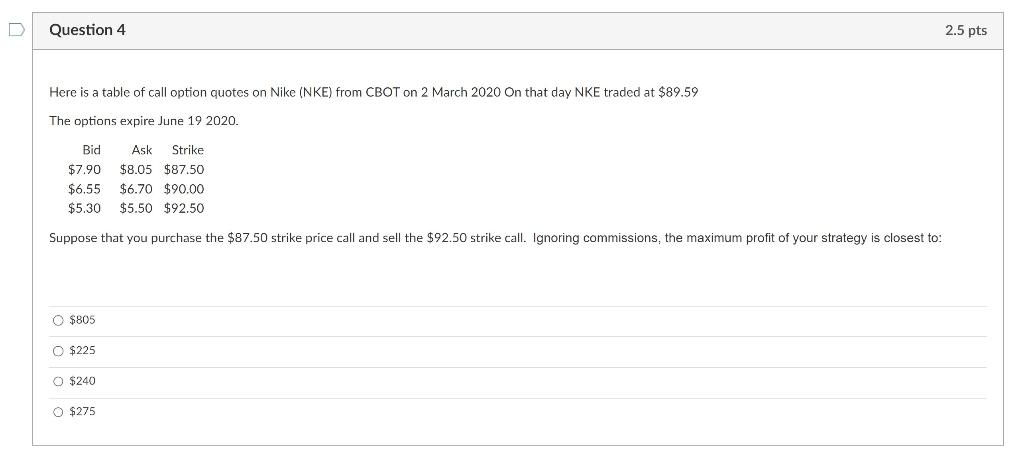 Solved Here is a table of call option quotes on Nike (NKE) | Chegg.com