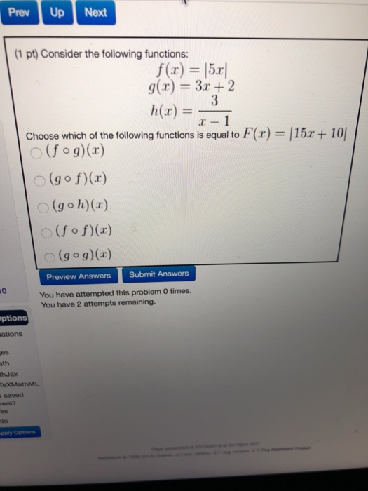 Solved Prev Up Next 1 pt) Consider the following functions: | Chegg.com