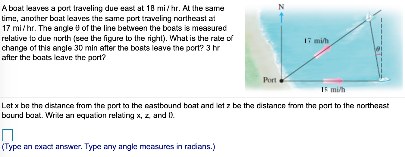 Solved A boat leaves a port traveling due east at 18 mi/hr. | Chegg.com