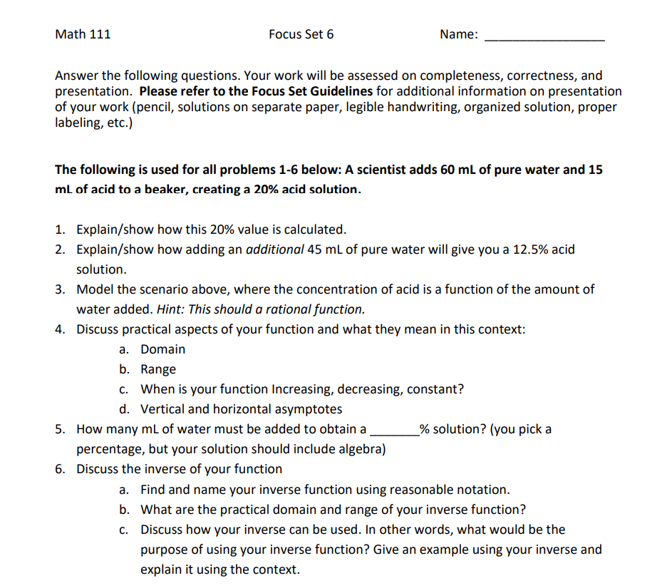 Solved Math 111 Focus Set 6 Name: Answer the following | Chegg.com
