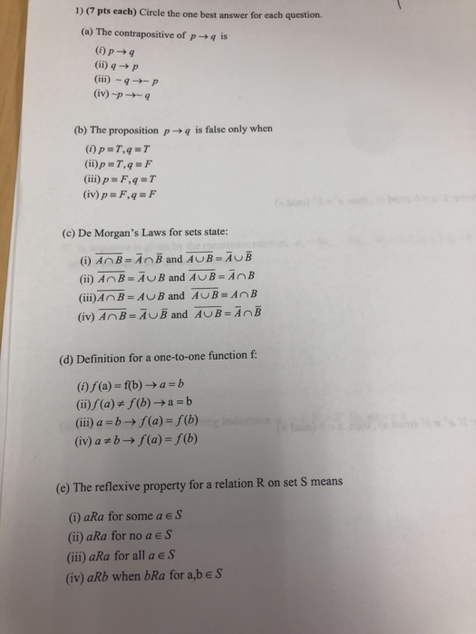 Solved 1) (7 pts each) Circle the one best answer for each | Chegg.com