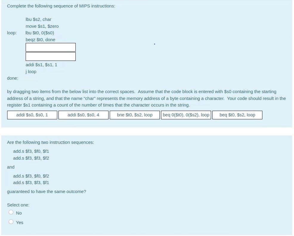 Solved Complete the following sequence of MIPS instructions: | Chegg.com