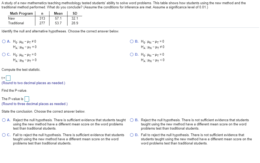 Solved A study of a new mathematics teaching methodology | Chegg.com