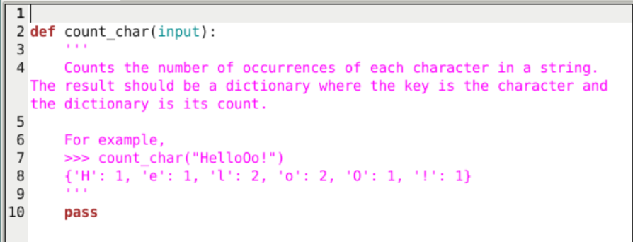 Solved 1 2 def count_char(input): 3 4 Counts the number of | Chegg.com