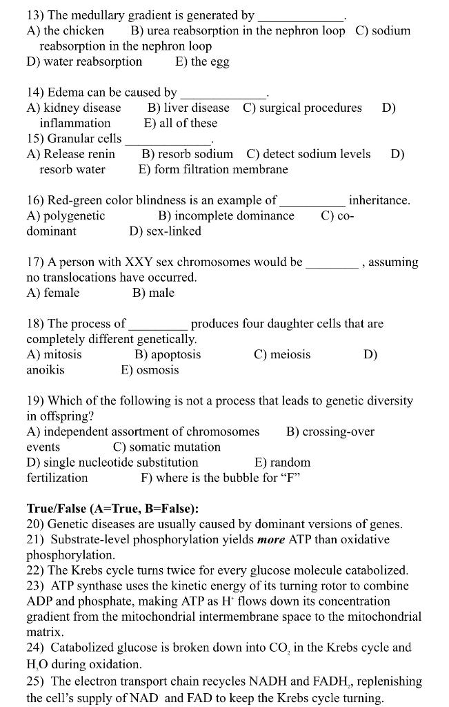 Solved 13) The medullary gradient is generated by A) the | Chegg.com ...