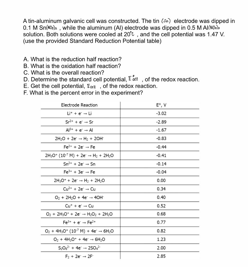 Solved A tin-aluminum galvanic cell was constructed. The tin | Chegg.com