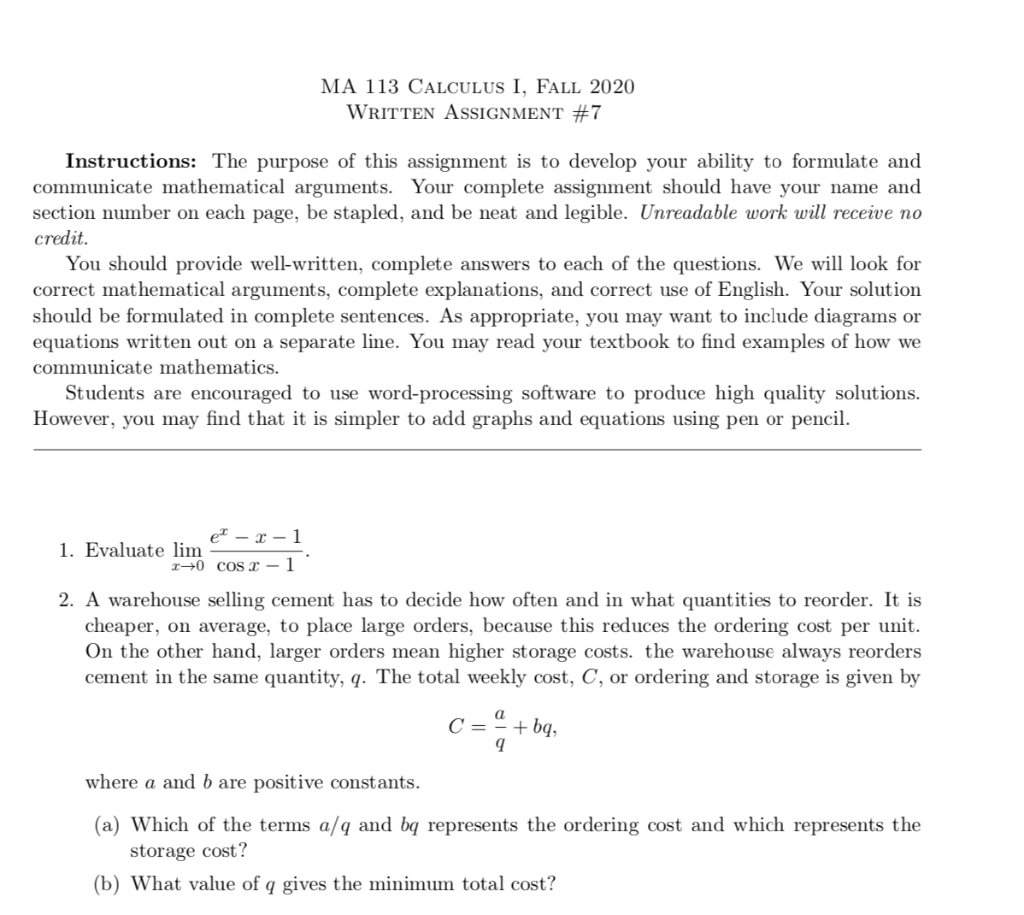 Solved Ma 113 Calculus I Fall Written Assignment 7 Chegg Com