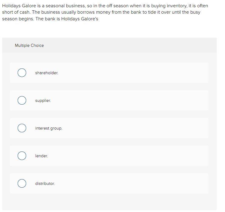 Solved Holidays Galore is a seasonal business, so in the off | Chegg.com