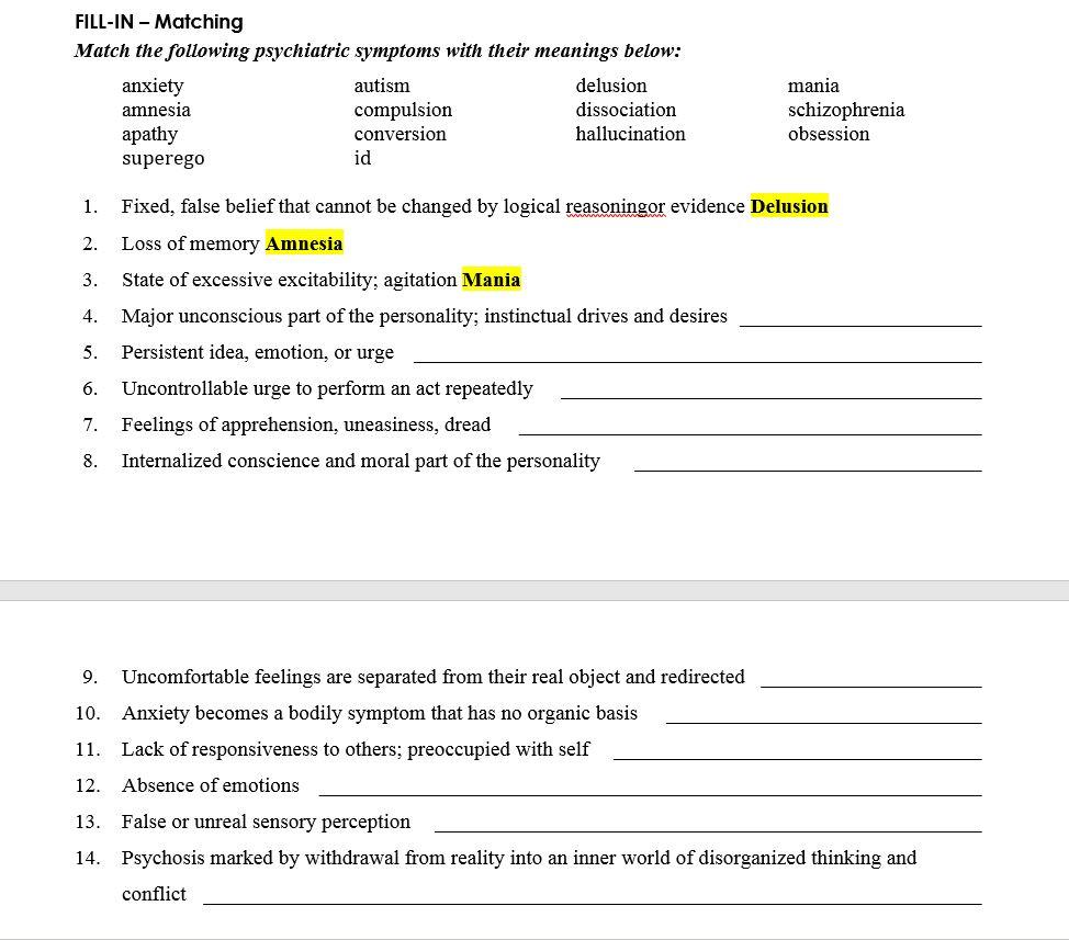 Solved FILL-IN - Matching Match the following psychiatric | Chegg.com