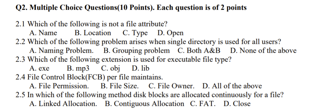 Solved Q2. Multiple Choice Questions(10 Points). Each | Chegg.com