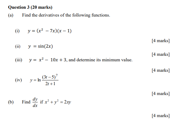 Solved (a) Find The Derivatives Of The Following Functions. 