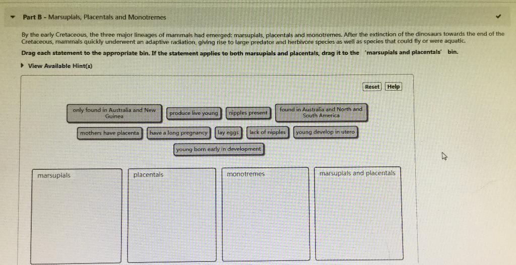 Solved Part B - Marsupials, Placentals and Monotremes By the | Chegg.com