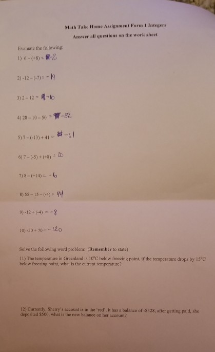 Solved Math Take Home Assignment Form 1 Integers Answer all | Chegg.com