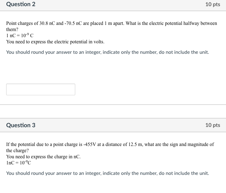 Solved Question 2 10 Pts Point Charges Of 30 8 Nc And 70 5