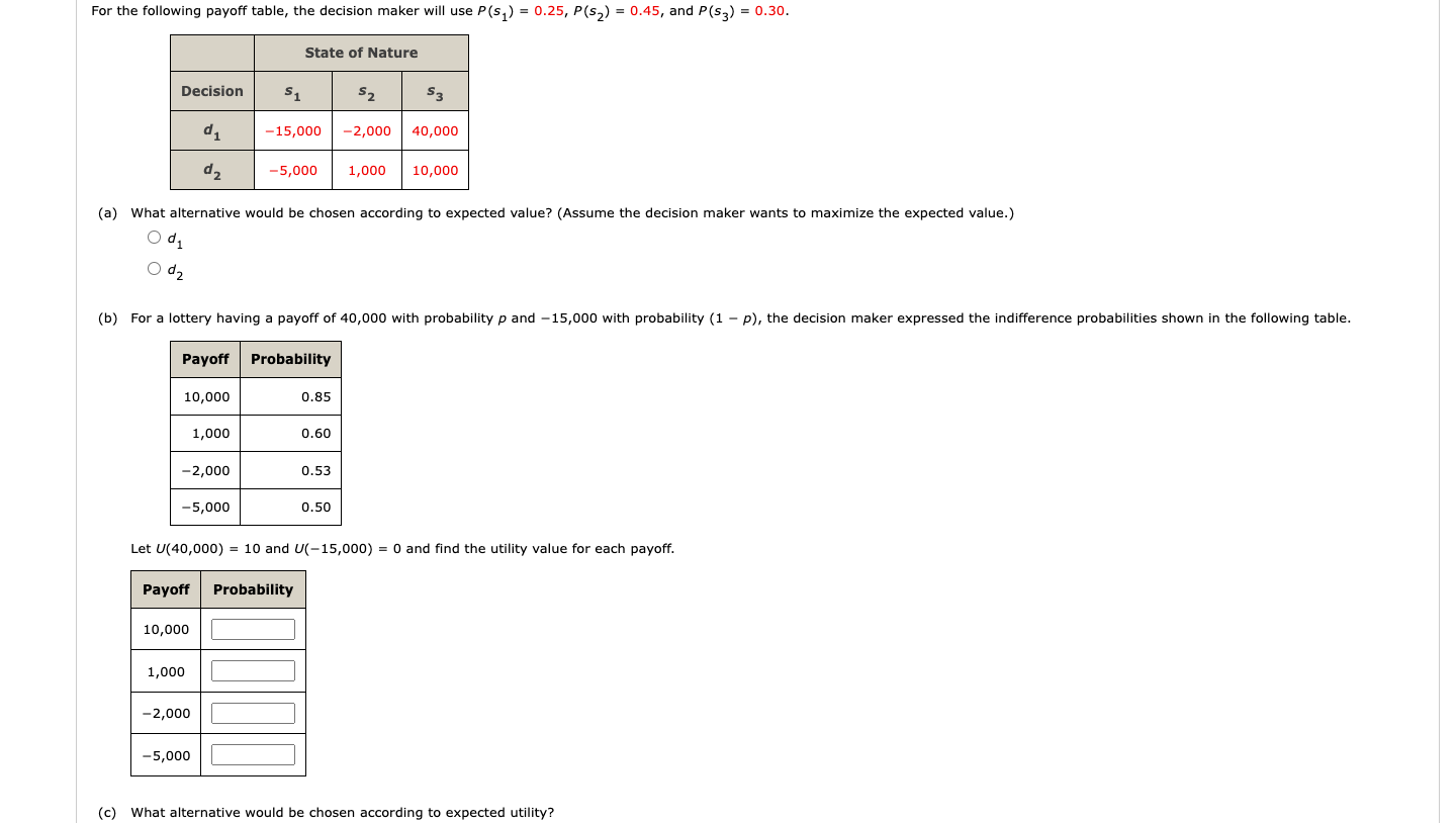 Solved For the following payoff table, the decision maker | Chegg.com