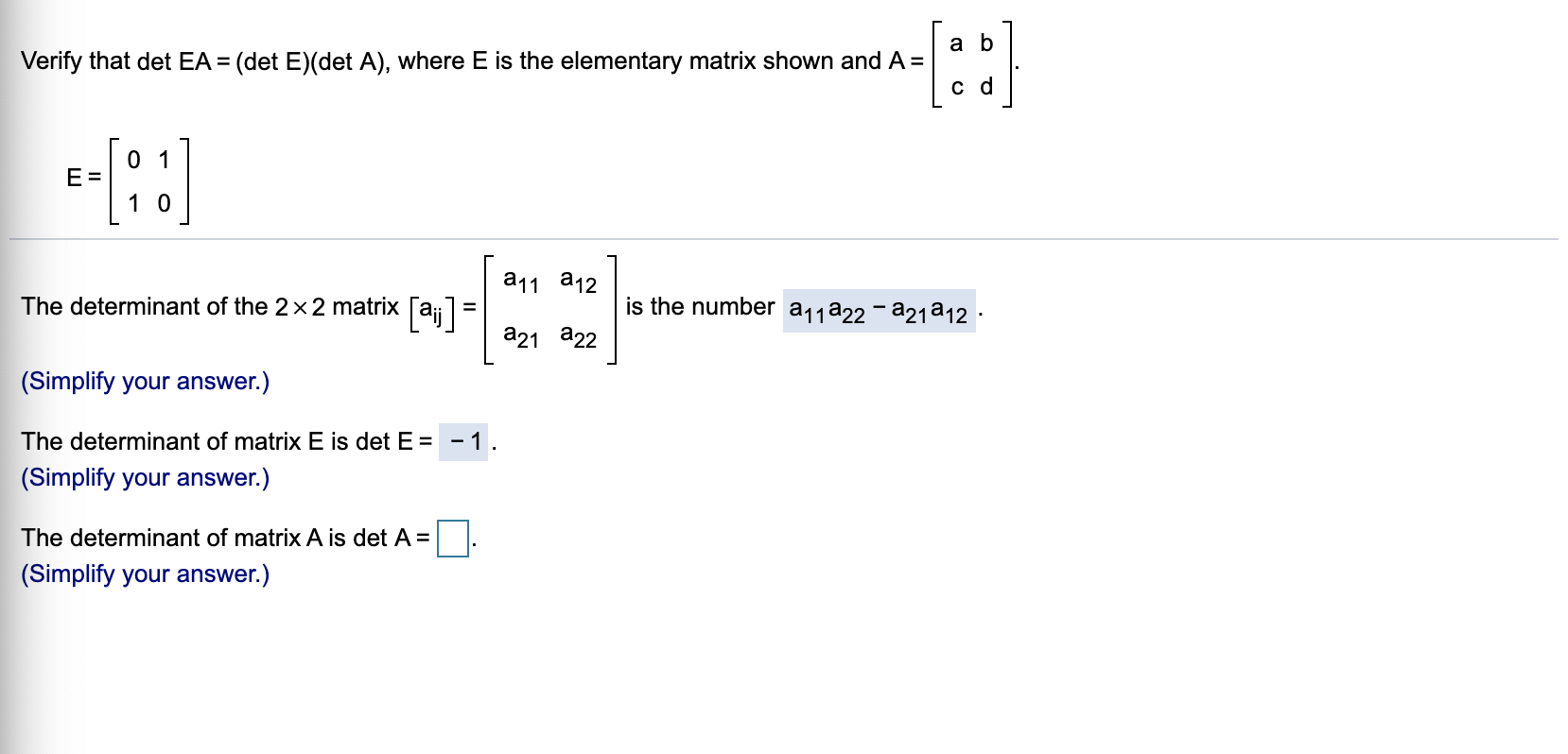 Solved A B Verify That Det EA = (det E)(det A), Where E Is | Chegg.com