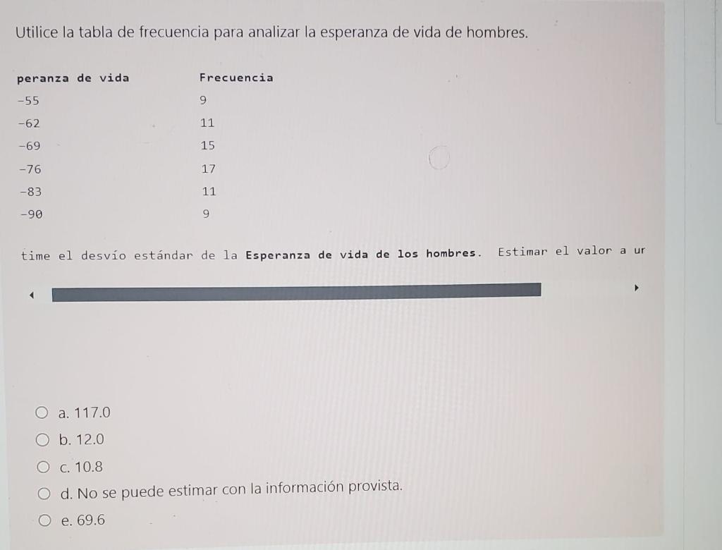 Utilice la tabla de frecuencia para analizar la esperanza de vida de hombres. time el desvío estándar de la Esperanza de vida