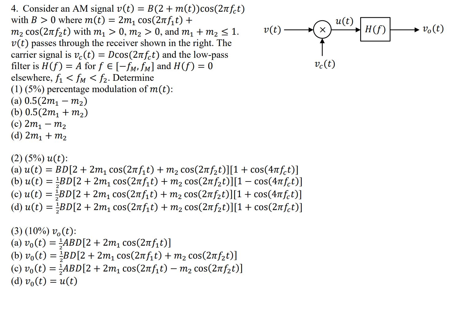 Solved U T V T H H F Vo T Vc T 4 Consider An Am Sig Chegg Com