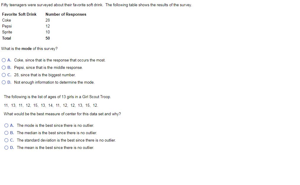 Solved What is the mode of this survey? A. Coke, since that | Chegg.com