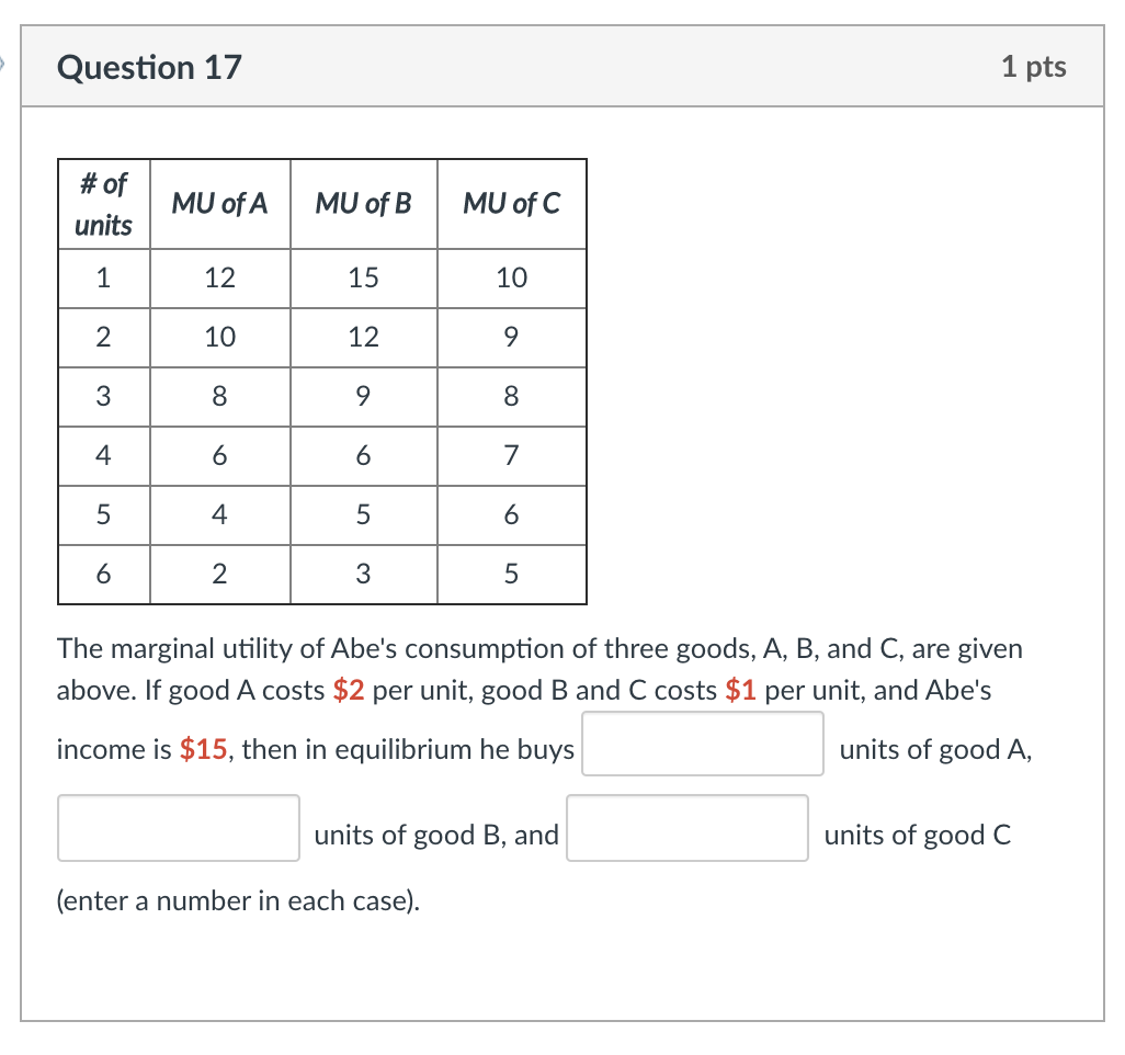 Solved Question 17 1 pts of units MU of A MU of B MU of C