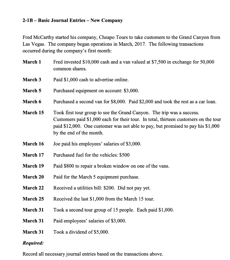 Solved 2-1B - Basic Journal Entries - New Company Fred | Chegg.com