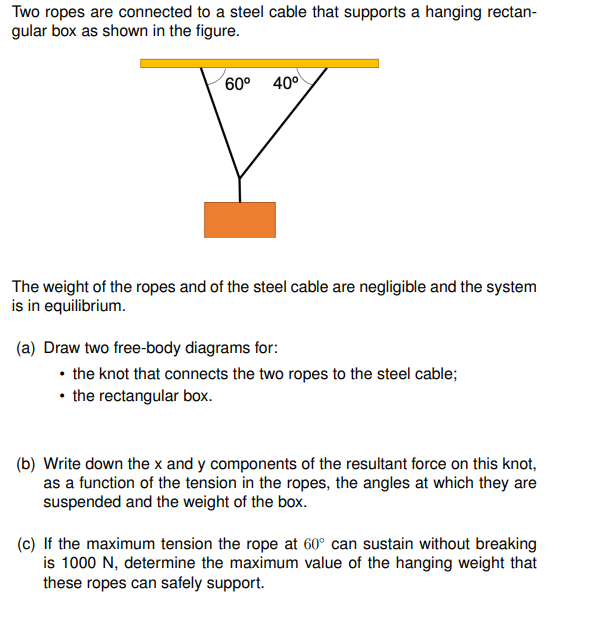 Solved Two ropes are connected to a steel cable that | Chegg.com