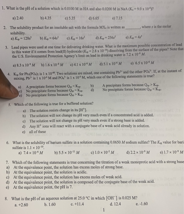 Solved 1. What is the pH of a solution which is 0.0100 M in | Chegg.com