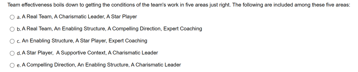 Team effectiveness boils down to getting the conditions of the teams work in five areas just right. The following are includ