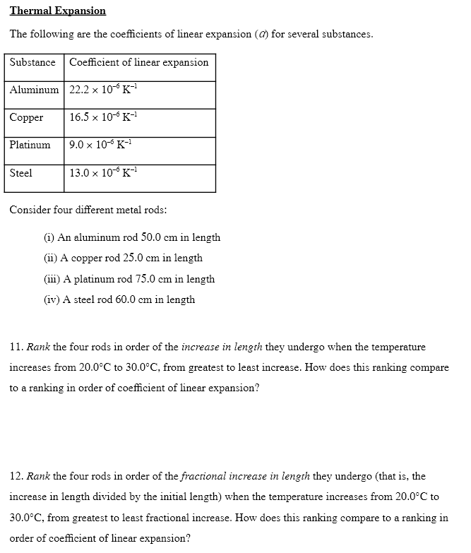 Solved Thermal Expansion The Following Are The Coefficients | Chegg.com