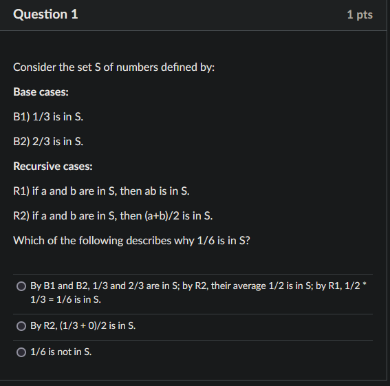Solved Question 1 1 pts Consider the set S of numbers | Chegg.com