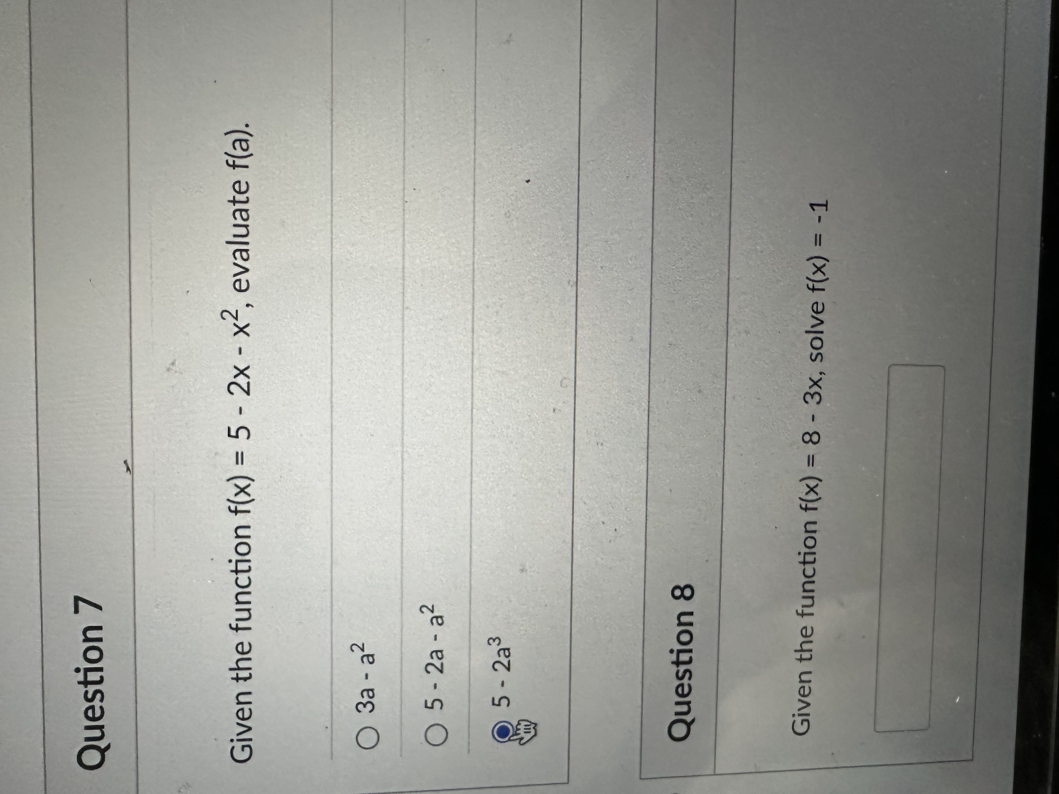 Given the function f(x)=5−2x−x2, evaluate f(a) 3a−a2 | Chegg.com