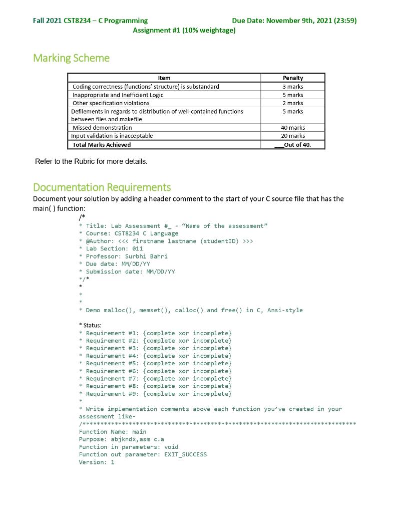 Solved Fall 2021 CST8234 - C Programming Due Date: November | Chegg.com