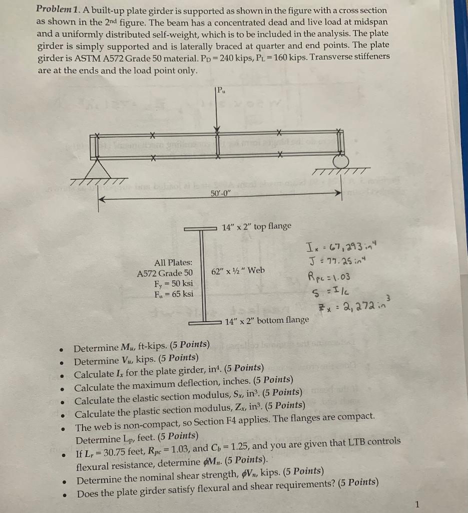 Problem 1. A built-up plate girder is supported as | Chegg.com