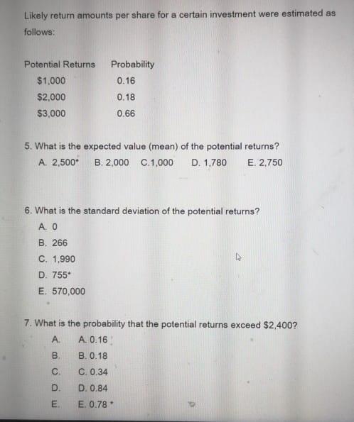 Solved Likely return amounts per share for a certain | Chegg.com