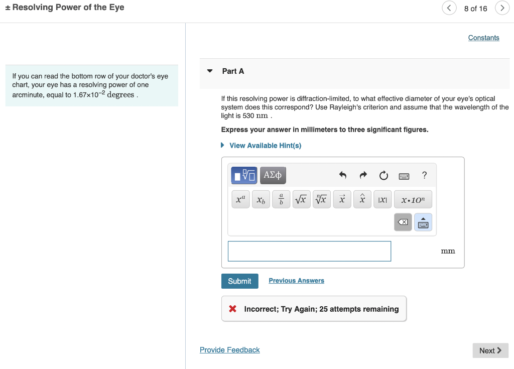 Solved Resolving Power of the Eye 8 of 16 Constants Part A | Chegg.com