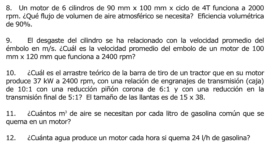 8. Un motor de 6 cilindros de \( 90 \mathrm{~mm} \times 100 \mathrm{~mm} \times \) ciclo de \( 4 \mathrm{~T} \) funciona a 20