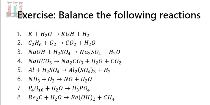 Solved Exercise: Balance the following reactions 1. K + H2O | Chegg.com
