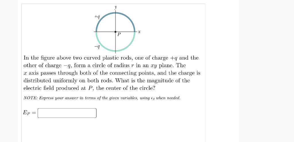 In the figure above two curved plastic rods, one of charge \( +q \) and the other of charge \( -q \), form a circle of radius