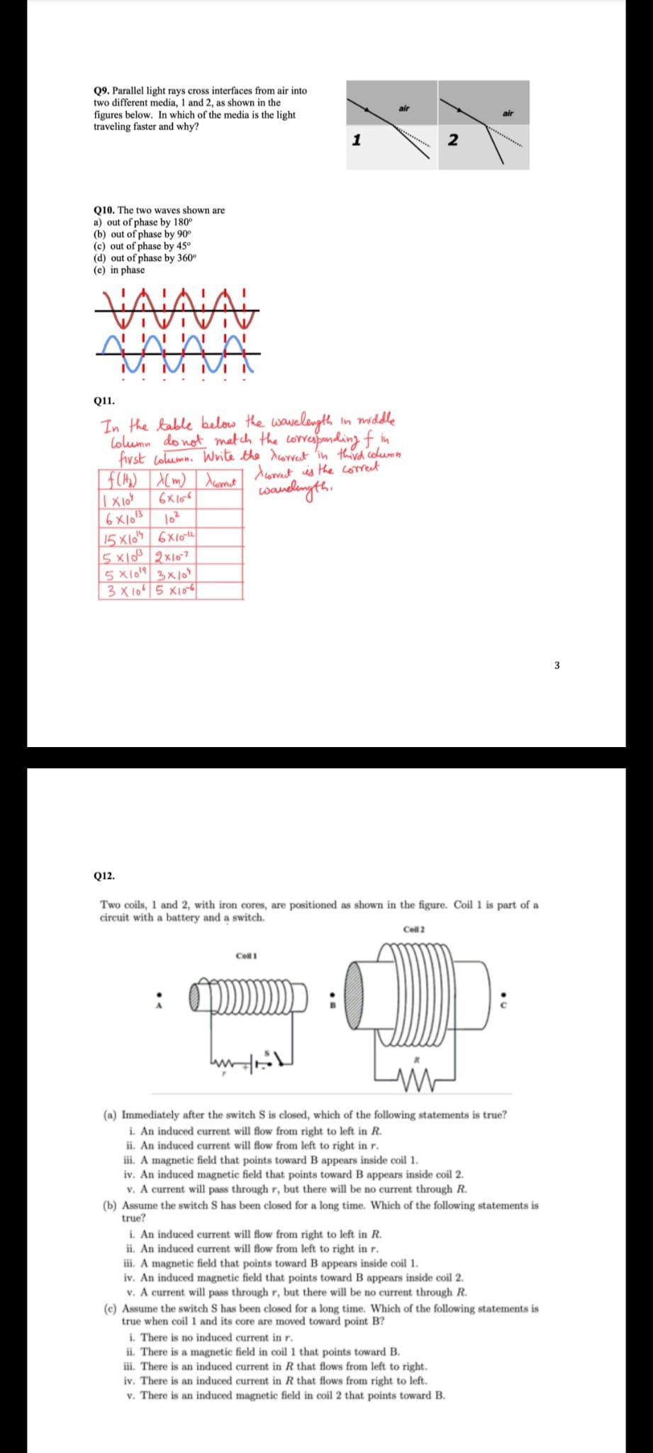 Solved Q9. Parallel light rays cross interfaces from air