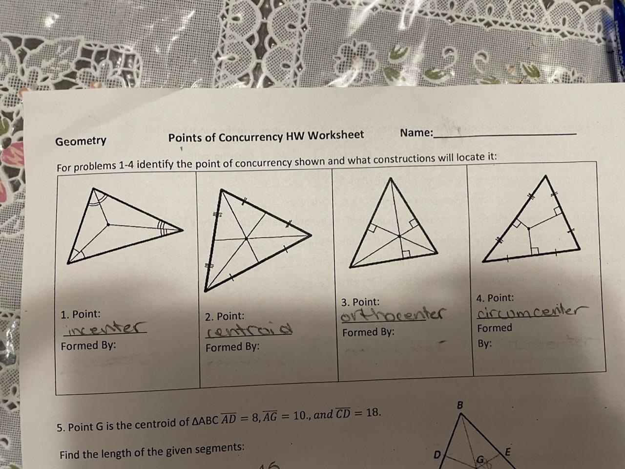 Solved Geometry Points Of Concurrency Hw Worksheet Name For 1461