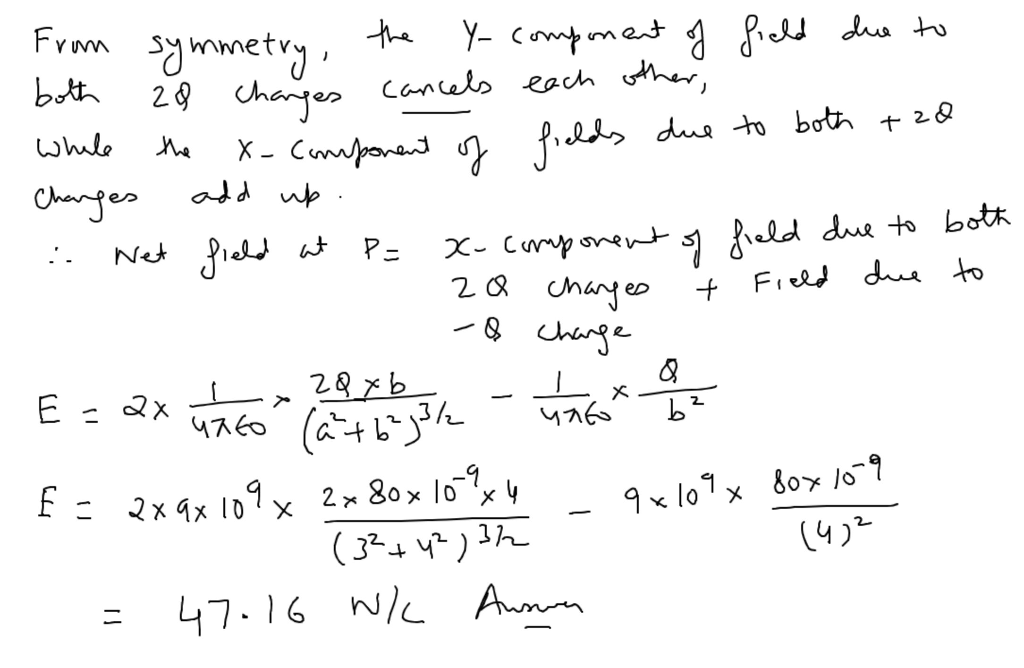 From symmetry, the Y- component of field due to both 28 changes cancels each other, ne x-component of fields due to both + 20